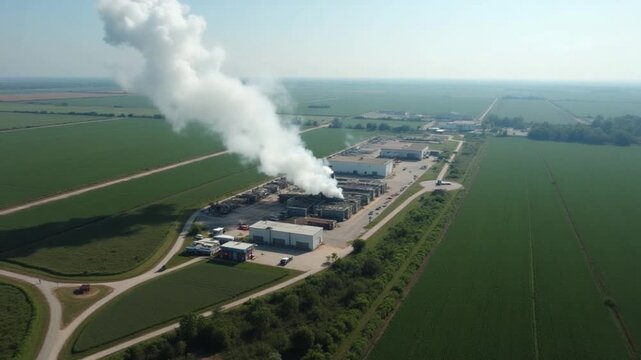 Drone footage of a sugarcane factory emitting smoke, surrounded
