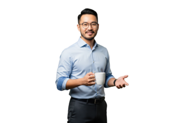 Friendly Asian businessman holding a white coffee mug while having a casual conversation.