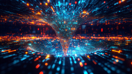 Fototapeta premium Abstract technology data tunnel with bright glowing particles, futuristic cyberspace vortex design for AI, quantum computing, blockchain, and digital network