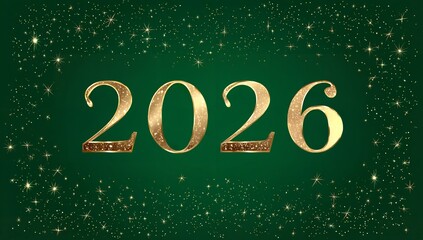 Elegant gold numerals of the year 2026 shimmer against a festive green background with sparkling lights