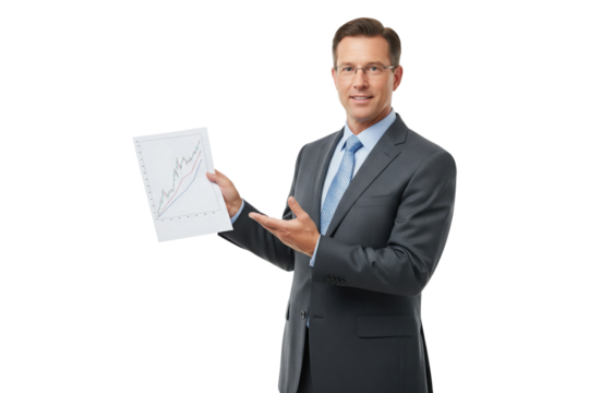 Successful businessman in a suit presenting a financial report with a rising stock market chart.