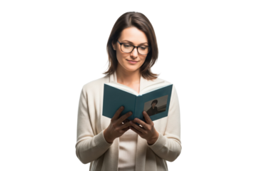 Young woman with glasses wearing a cardigan and peacefully reading a book of poetry.