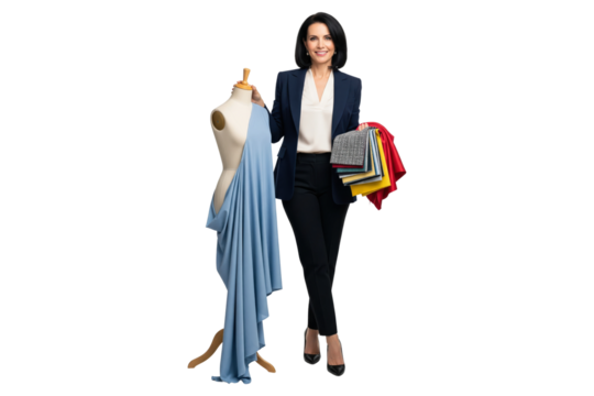 Professional fashion or interior designer holding colorful fabric swatches next to a mannequin.