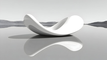 Stunning contemporary white sculpture reflects on calm water amidst serene landscape, evoking modern elegance and tranquility.