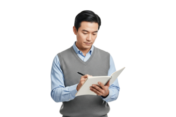 Focused young Asian man in a casual sweater vest writing notes in a spiral notebook.