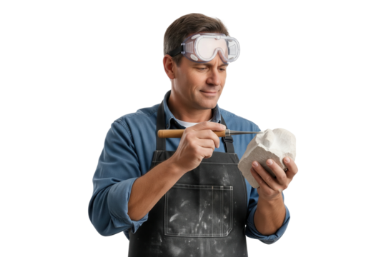 Male sculptor in an apron and safety goggles carefully carving a piece of stone with a chisel.