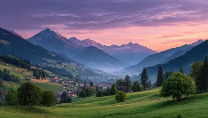 Obraz premium Panoramic mountain valley at dawn