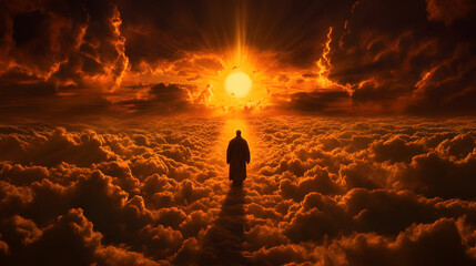 Solitary figure walks towards brilliant sun over fiery clouds, symbolizing hope and destiny's path.