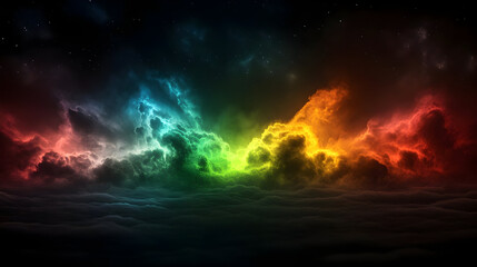 Vibrant nebula clouds swirl with cosmic energy, painting the night sky with a spectrum of fiery colors and distant stars