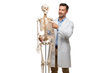 Male doctor or biology teacher in a lab coat explaining human anatomy using a skeleton model.