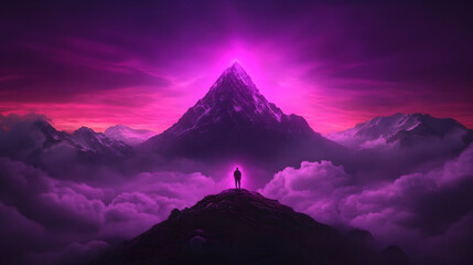 Lone silhouette gazes upon majestic mountain peak bathed in vibrant purple cosmic light, evoking inspiration and wonder