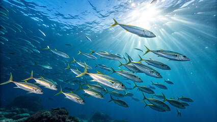 School of yellowtail fish swimming upward towards bright sunlight underwater