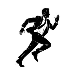 Dynamic businessman in sharp suit sprinting forward with energetic motion towards success and achievement.