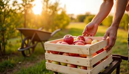 Farm worker loading fresh apples into a wooden crate in a rural orchard at golden hour with copy space