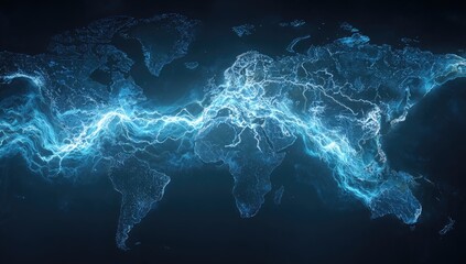World map with glowing, electric-blue lines
