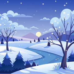 Fototapeta premium Magical winter landscape with snowfall moonlit trees and serene hills perfect for holiday designs