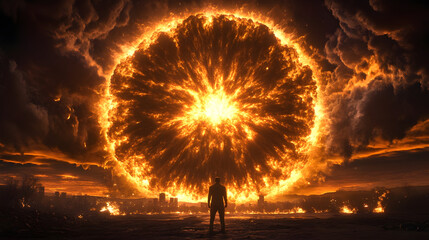 Man watches massive fiery explosion engulfing cityscape, dramatic apocalyptic scene, intense power and destruction