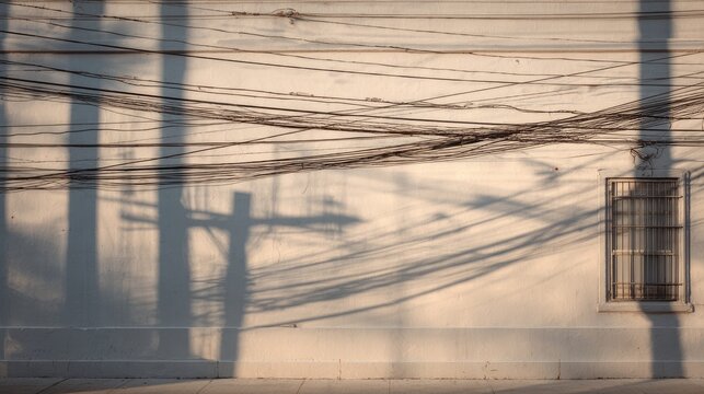 Shadows of power lines, pole, & window on a white wall, sunlit