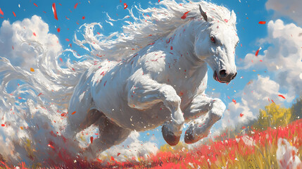 Majestic white horse galloping through vibrant red flowers under a brilliant blue sky with confetti
