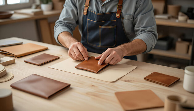 
Artisan couple crafting handmade leather wallets on a neutral workbench with copy space - Powered by Adobe