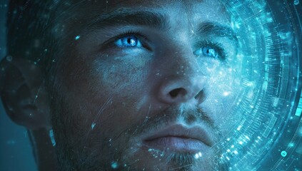 Close-up of a man's face, futuristic, glowing, blue light, overlayed with digital graphic elements