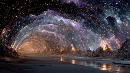 Naklejka premium Sci-fi concept of a spacetime tunnel connecting solar system to distant constellations glowing.