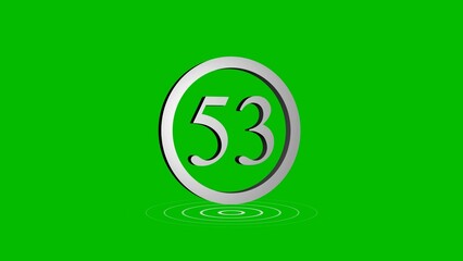 Number fifty three centered within a silver circle on a bright green background