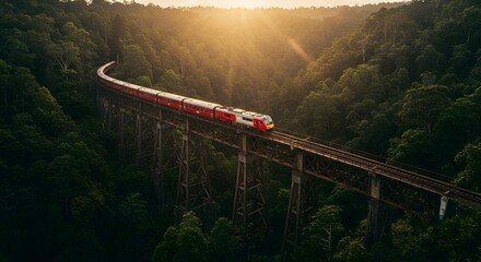 Fototapeta premium Scenic train journey across a trestle bridge in a lush green forest during sunset
