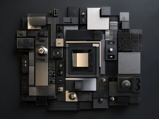 Obraz premium Modern Dark Abstract Geometric Composition with Golden Core and Textured Layers.