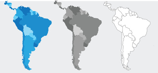South America map set with proportional designs – colorful, black silhouette, and outline