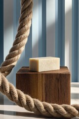 Natural soap bar on wooden podium, nautical theme