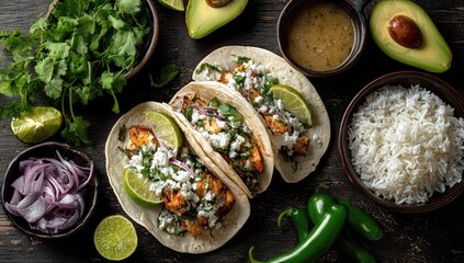 Three fish tacos, garnished, with toppings, and sides
