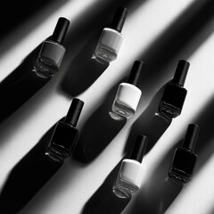 Obraz premium Monochrome Nail Polish Bottles - Geometric Shadows and Minimalist Beauty.
