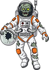 Zombie astronaut character vector, cartoon undead space explorer in damaged suit with cracked helmet, cad drawing flat vector illustration
