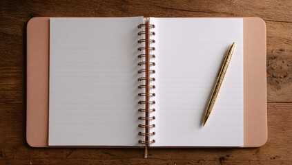 Open spiral-bound notebook with lined pages and gold pen on a wooden table