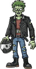 Fototapeta premium Zombie biker character vector, cartoon undead rider with cracked helmet and leather jacket, horror punk illustration, cad drawing flat vector illustration