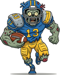Zombie football player character vector, cartoon undead athlete with ball and torn uniform, horror sports illustration, cad drawing flat vector illustration
