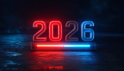 Bright neon numbers 2026 illuminate a futuristic progress bar against a dark, textured background.
