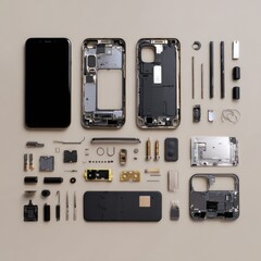 Meticulous Flat Lay of a Disassembled Smartphone Revealing Its Intricate Anatomy.