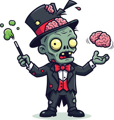 Zombie magician character vector, cartoon undead wizard, exposed brain magic wand, horror fantasy illustration, spooky costume, cad drawing flat vector illustration