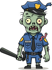 Zombie police officer character vector, cartoon undead cop with baton and torn uniform, horror law illustration, cad drawing flat vector illustration