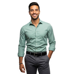 Fototapeta premium Businessman, green shirt, hand in pocket