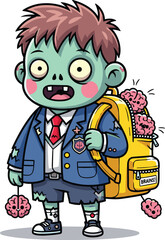 Zombie schoolboy character vector, cartoon undead student with brain-filled backpack and torn uniform, horror school illustration, cad drawing flat vector illustration
