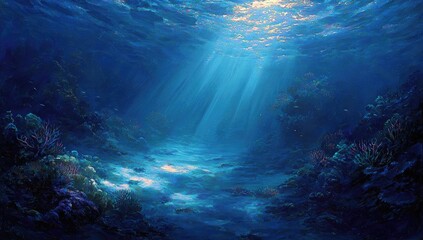 Fototapeta premium Underwater coral reef, sunbeams piercing dark blue depths