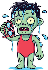 Zombie swimmer character vector, cartoon undead figure in red swimsuit with goggles and dripping water, horror beach illustration, cad drawing flat vector illustration