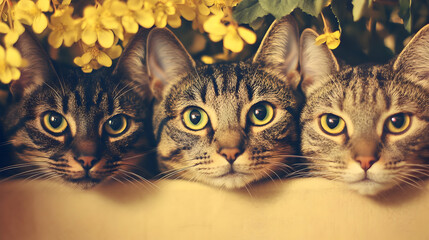 Three adorable tabby cats peek out from a cozy spot surrounded by cheerful yellow blossoms, inviting warmth and companionship