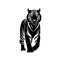 Powerful tiger prowling forward in striking black and white design, perfect for bold branding, wildlife projects, and impactful graphic applications