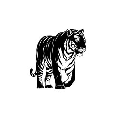 Powerful tiger prowling forward in striking black and white silhouette, perfect for logos, branding, and impactful design projects now