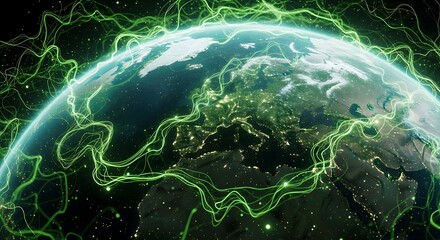 Obraz premium The earth from space with glowing green energy lines connecting continents, representing global network
