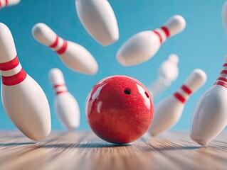 Bowling pins flying around a red bowling ball on a wooden surface